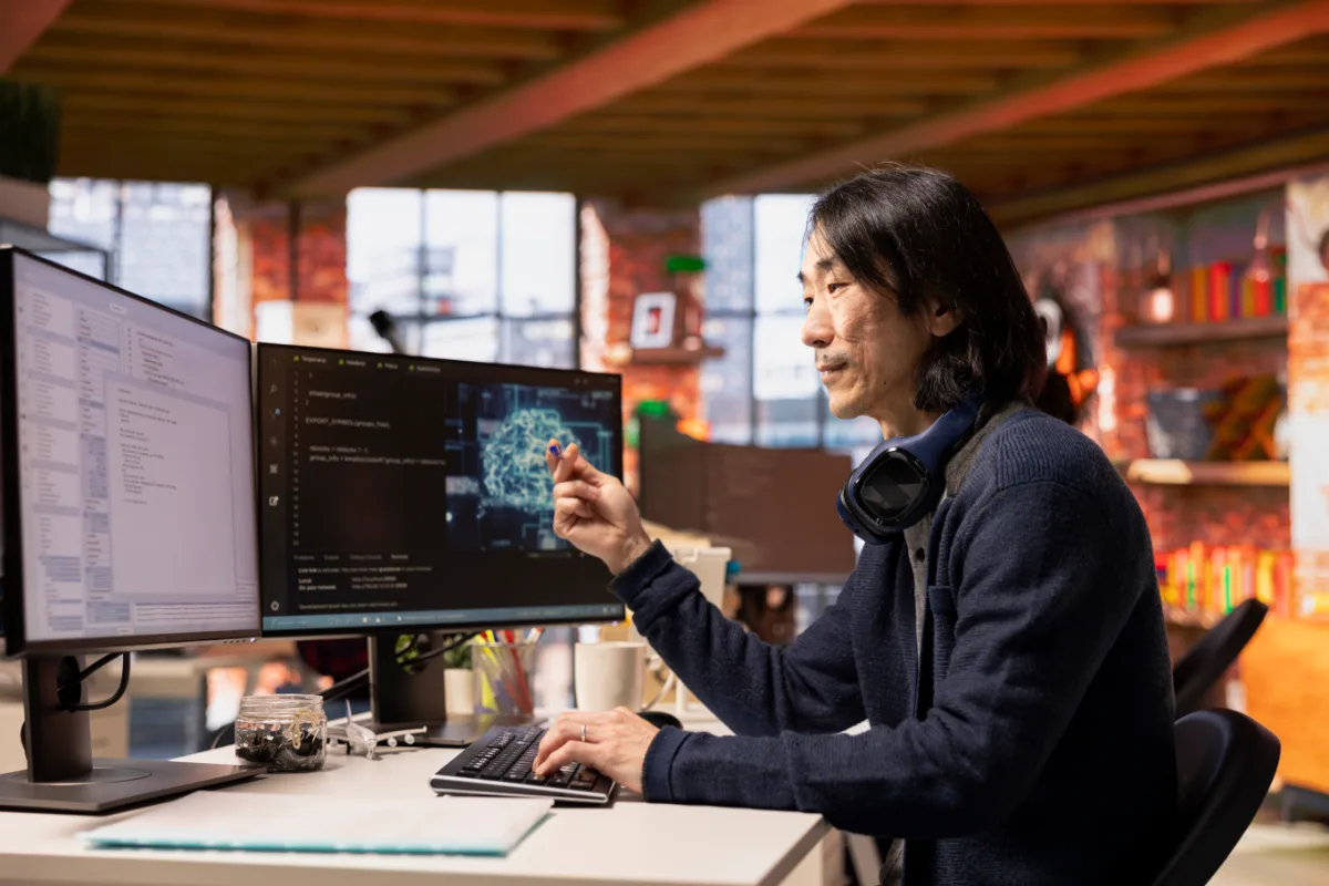 Automatizar desarrollo de software con IA: programador trabajando con código y modelos de IA